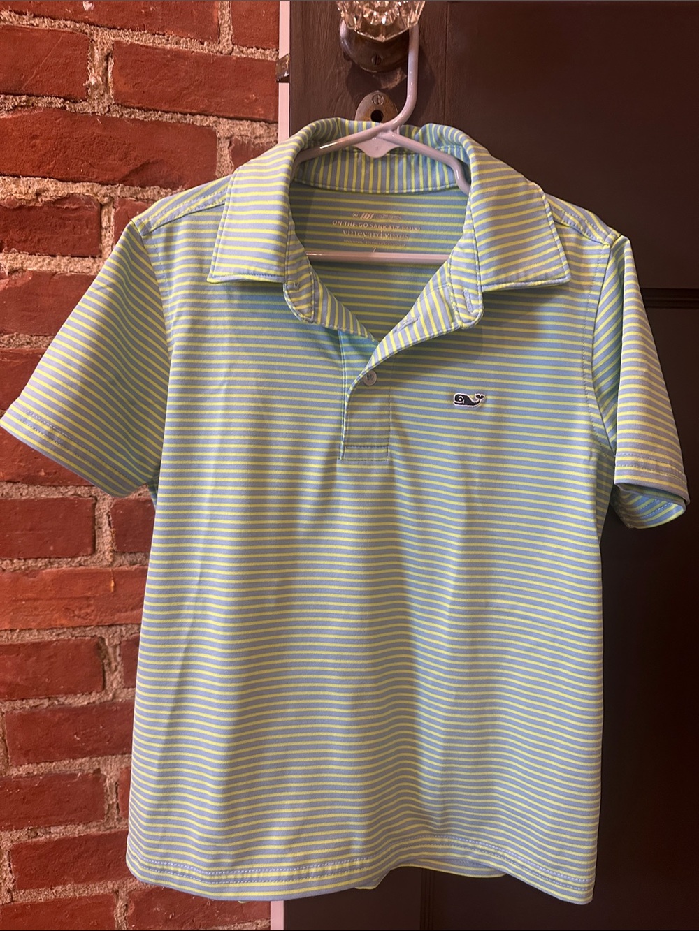 Vineyard Vines Boys Light Blue and Lime Green Striped Polo